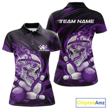 Load image into Gallery viewer, Custom Black And Red Flame Skull Bowling Polo Shirt For Women, Halloween Bowling Outfit IPHW11395