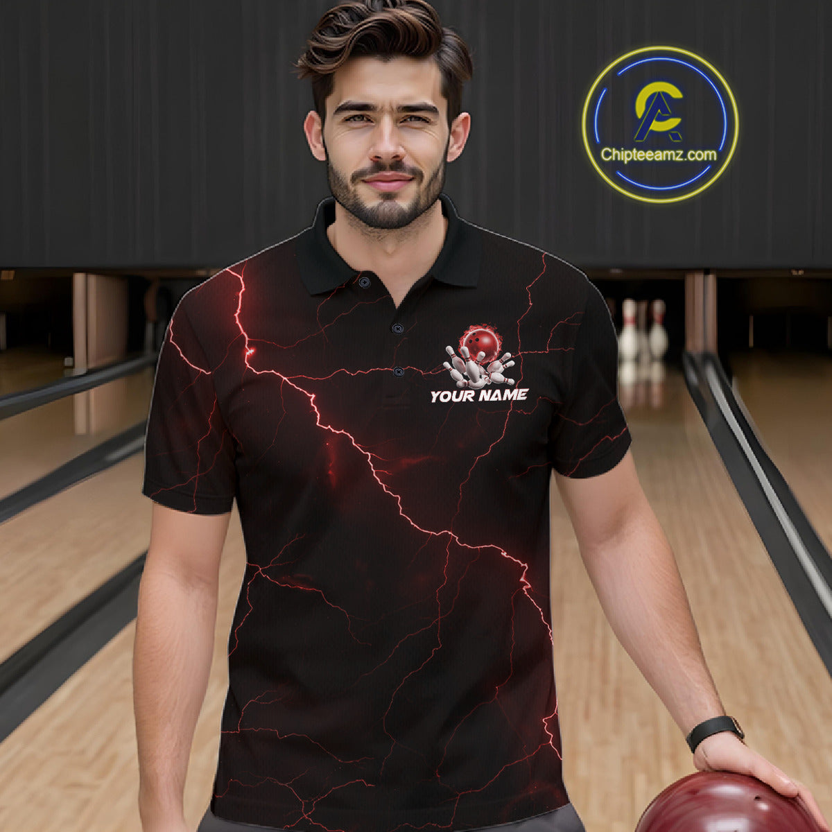 Custom Red Thunder Lightning Flame Bowling Ball Men Bowling Team Shirt Bowler Outfit IPHW10672