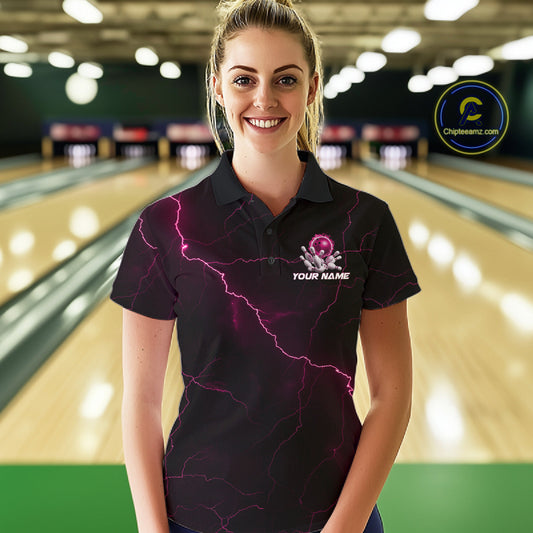Custom Pink Thunder Lightning Flame Bowling Ball Women Bowling Team Shirt Bowler Outfit IPHW10673