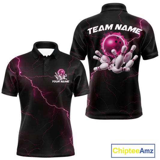 Custom Pink Thunder Lightning Flame Bowling Ball Men Bowling Team Shirt Bowler Outfit IPHW10673