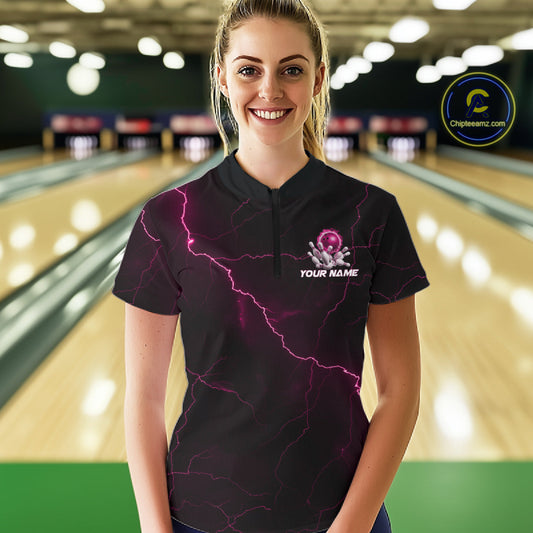 Custom Pink Thunder Lightning Flame Bowling Ball Women Bowling Team Shirt Bowler Outfit IPHW10673