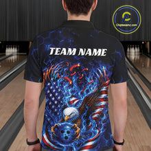Load image into Gallery viewer, Back view of a male model in a bowling lane wearing a polo shirt with flaming bald eagle, blue bowling ball, American flag, and blue flames.
