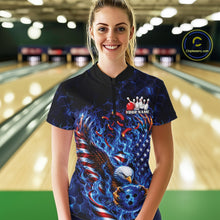 Load image into Gallery viewer, Front view female model at the bowling lane wearing a quarter zip shirt with flaming bald eagle graphics, blue bowling ball, American flag, and blue flames.