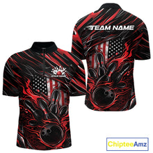 Load image into Gallery viewer, Custom Red American Flag Flame Men Bowling Quarter-Zip Shirt, Patriotic Bowling Jersey IPHW11175