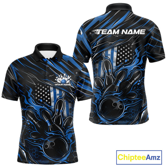 Front and back mockup of a black and blue men’s bowling polo shirt showcasing a patriotic flaming bowling ball striking pins with an American flag theme.