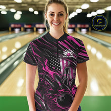 Load image into Gallery viewer, Custom Pink American Flag Flame Women Bowling Shirt, Patriotic Bowling Jersey IPHW11178