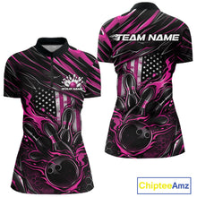 Load image into Gallery viewer, Custom Pink American Flag Flame Women Bowling Shirt, Patriotic Bowling Jersey IPHW11178