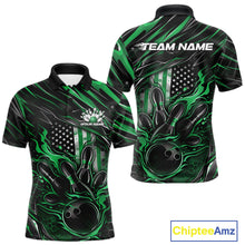Load image into Gallery viewer, Custom Green American Flag Flame Men Bowling Polo Shirt, Patriotic Bowling Jersey IPHW11179