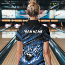 Load image into Gallery viewer, Custom Blue Fire Flame Bowling Team Women Polo Shirt, Bowling League Shirt IPHW11186