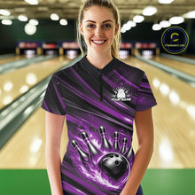 Load image into Gallery viewer, Custom Purple Fire Flame Bowling Team Women Quarter-Zip Shirt, Bowling League Shirt IPHW11187