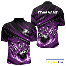 Load image into Gallery viewer, Custom Purple Fire Flame Bowling Team Men Quarter-Zip Shirt, Bowling League Shirt IPHW11187