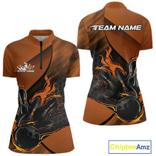 Load image into Gallery viewer, Custom Orange Flame Bowling Team Women Quarter-Zip Shirt, Bowling League Bowler Outfits IPHW11192