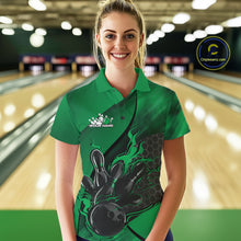 Load image into Gallery viewer, Custom Green Flame Bowling Team Women Polo Shirt, Bowling League Shirt Bowler Outfits IPHW11193