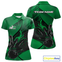 Load image into Gallery viewer, Custom Green Flame Bowling Team Women Polo Shirt, Bowling League Shirt Bowler Outfits IPHW11193