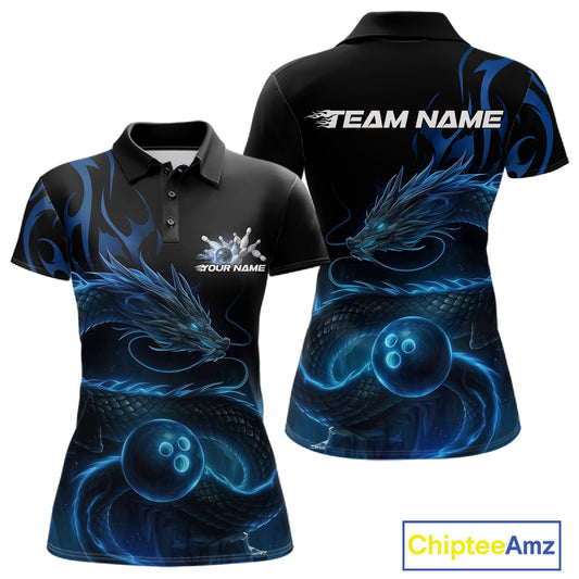 Custom Blue Tribal Flame Dragon Bowlin Team Women Polo Shirt, Dragon Bowling Jerseys IPHW10229