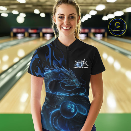 Custom Blue Tribal Flame Dragon Bowlin Women Quarter-Zip Shirt, Dragon Bowling Jerseys IPHW10229