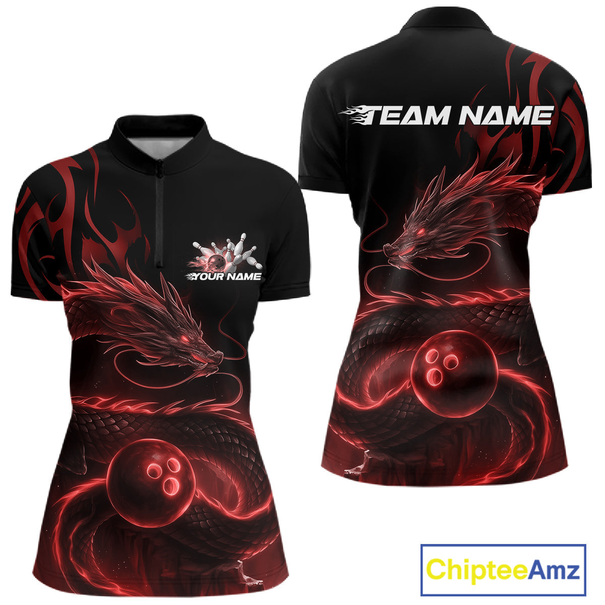 Custom Red Tribal Flame Dragon Bowlin Women Quarter-Zip Shirt, Dragon Bowling Jerseys IPHW10230