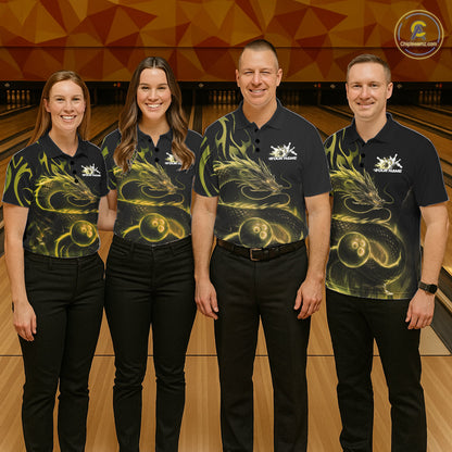 Custom Gold Tribal Flame Dragon Bowlin Team Men Polo Shirt, Dragon Bowling Jerseys IPHW10232