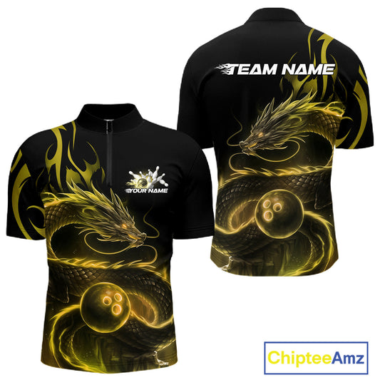 Custom Gold Tribal Flame Dragon Bowlin Team Men Quarter-Zip Shirt, Dragon Bowling Jerseys IPHW10232
