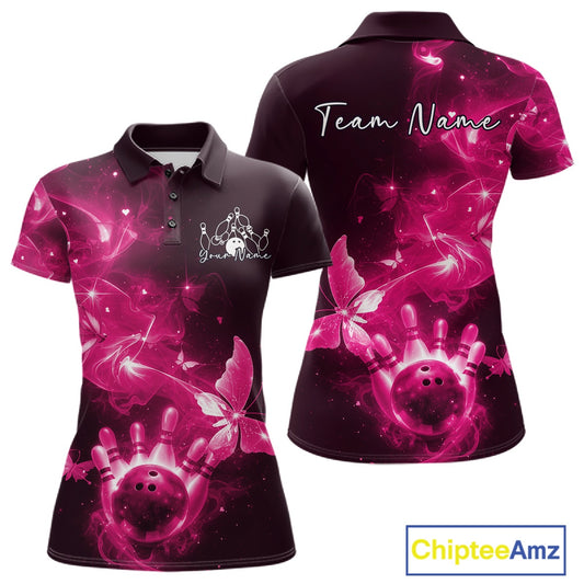 Custom Pink Galaxy Butterfly Bowling Women Polo Shirt, Ladies Bowling Team Outfit IPHW10882