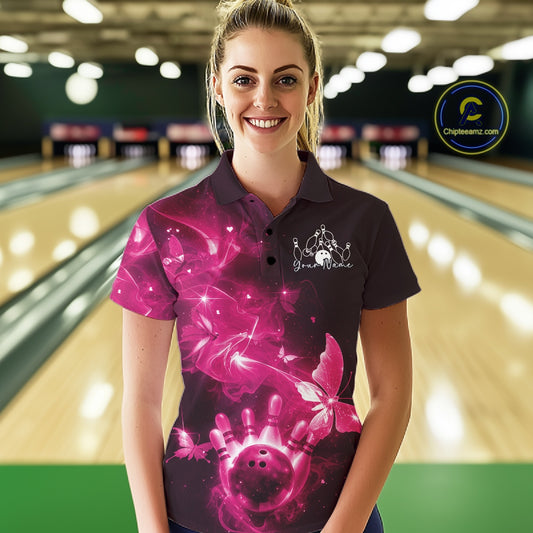 Custom Pink Galaxy Butterfly Bowling Women Polo Shirt, Ladies Bowling Team Outfit IPHW10882