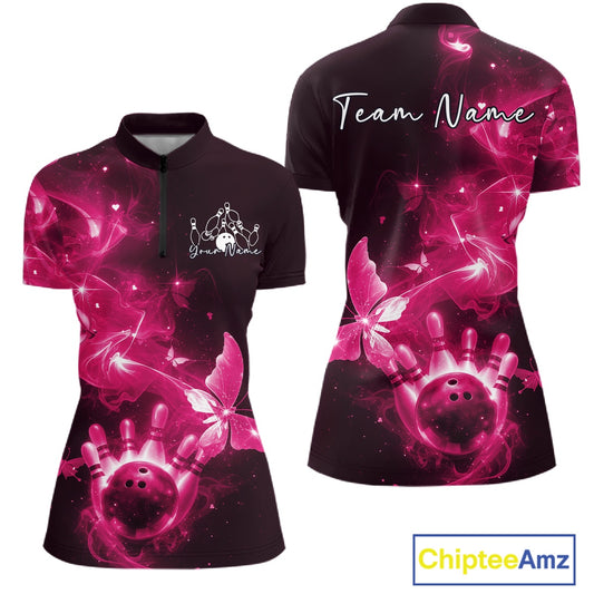Custom Pink Galaxy Butterfly Bowling Women Quarter-Zip Shirt, Ladies Bowling Team Outfit IPHW10882