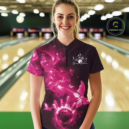 Custom Pink Galaxy Butterfly Bowling Women Quarter-Zip Shirt, Ladies Bowling Team Outfit IPHW10882