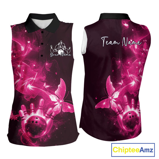 Custom Pink Galaxy Butterfly Bowling Women Sleeveless Polo Shirt, Ladies Bowling Team Outfit IPHW10882