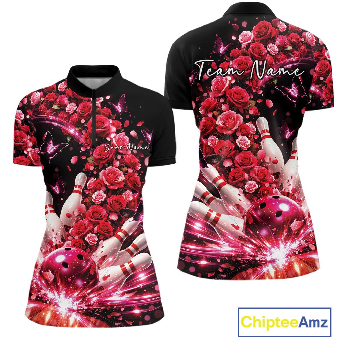 Custom Beautiful Red Roses And Butterfly Women Bowling Team Shirt, Bowling League Shirt IPHW10888