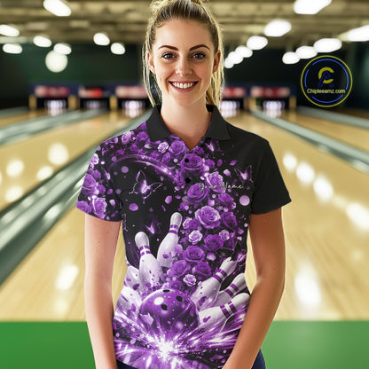 Custom Beautiful Purple Roses And Butterfly Women Bowling Team Shirt, Bowling League Shirt IPHW10890