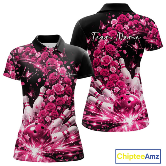 Custom Beautiful Pink Roses And Butterfly Women Bowling Team Shirt, Bowling League Shirt IPHW10891