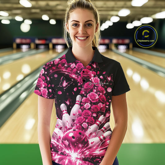 Custom Beautiful Pink Roses And Butterfly Women Bowling Team Shirt, Bowling League Shirt IPHW10891