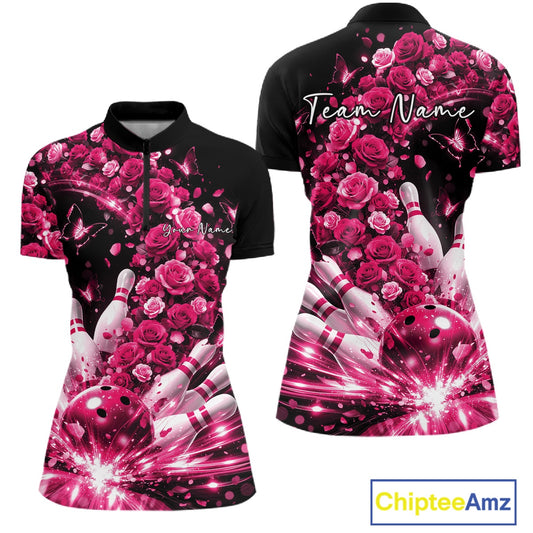 Custom Beautiful Pink Roses And Butterfly Women Bowling Team Shirt, Bowling League Shirt IPHW10891