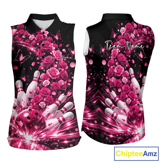 Custom Beautiful Pink Roses And Butterfly Women Bowling Team Shirt, Bowling League Shirt IPHW10891