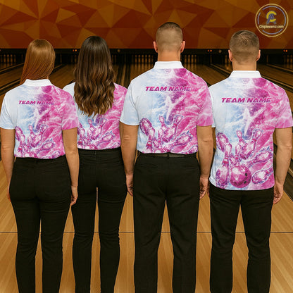 Custom Blue And Pink Ice Crystal Bowling Team Shirts, Bowling League Shirt Bowling Jerseys Multi Styles IPHW10422