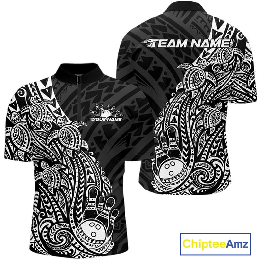 Front and back views of a black and white mens bowling quarter-zip shirt featuring bowling ball and pin graphics with tribal Polynesian patterns.