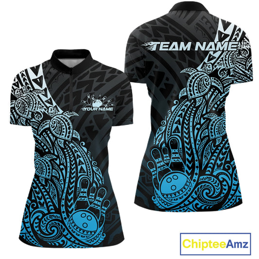 Front and back views of a black and blue womens bowling quarter-zip shirt featuring bowling pins and a ball surrounded by turtle Polynesian patterns.
