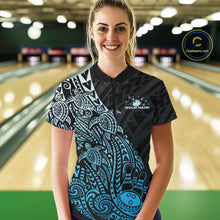Load image into Gallery viewer, Custom Black And Blue Polynesian Tribal Turtle Bowling Women Quarter-Zip Team Shirts IPHW10979