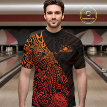 Load image into Gallery viewer, Male model wearing a black and red orange bowling quarter-zip shirt at the bowling lane with turtle-inspired Polynesian bowling graphics.
