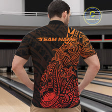 Load image into Gallery viewer, Front view of a male model in a black and red orange bowling quarter-zip shirt displaying tribal bowling artwork.