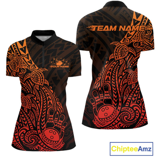 Front and back views of a black and red orange womens bowling quarter-zip shirt featuring bowling pins, a bowling ball, and Polynesian turtle motifs.