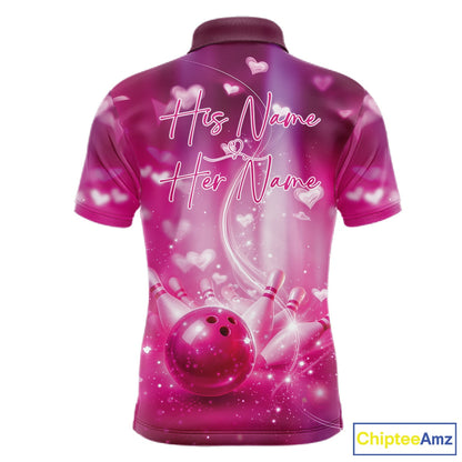 Custom Pink Valentine Bowling Couple Shirts, Pink Heart Theme Bowling Jerseys With His Name And Her Name IPHW10474