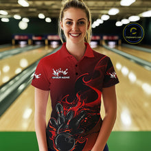 Load image into Gallery viewer, Custom Black And Red Flame Bowling Team Women Polo Shirt, Bowling Tournament Shirt IPHW9868