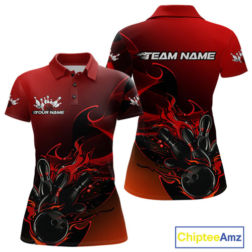 Custom Black And Red Flame Bowling Team Women Polo Shirt, Bowling Tournament Shirt IPHW9868