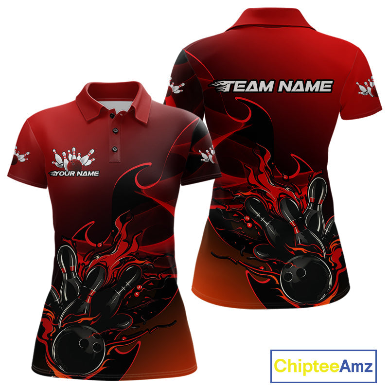 Custom Black And Red Flame Bowling Team Women Polo Shirt, Bowling Tournament Shirt IPHW9868