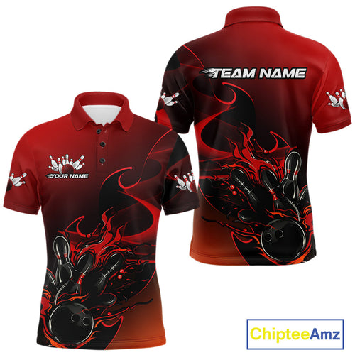 Custom Black And Red Flame Bowling Team Men Polo Shirt, Bowling Tournament Shirt IPHW9868