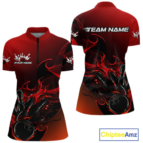 Custom Black And Red Flame Bowling Team Women Quarter-Zip Shirt, Bowling Tournament Shirt IPHW9868