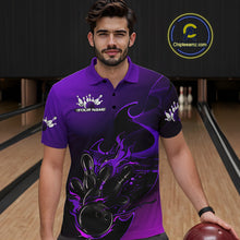 Load image into Gallery viewer, Custom Black And Purple Flame Bowling Team Men Polo Shirt, Bowling Tournament Shirt IPHW9869
