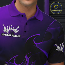 Load image into Gallery viewer, Custom Black And Purple Flame Bowling Team Men Polo Shirt, Bowling Tournament Shirt IPHW9869