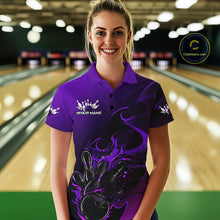 Load image into Gallery viewer, Custom Black And Purple Flame Bowling Team Women Polo Shirt, Bowling Tournament Shirt IPHW9869